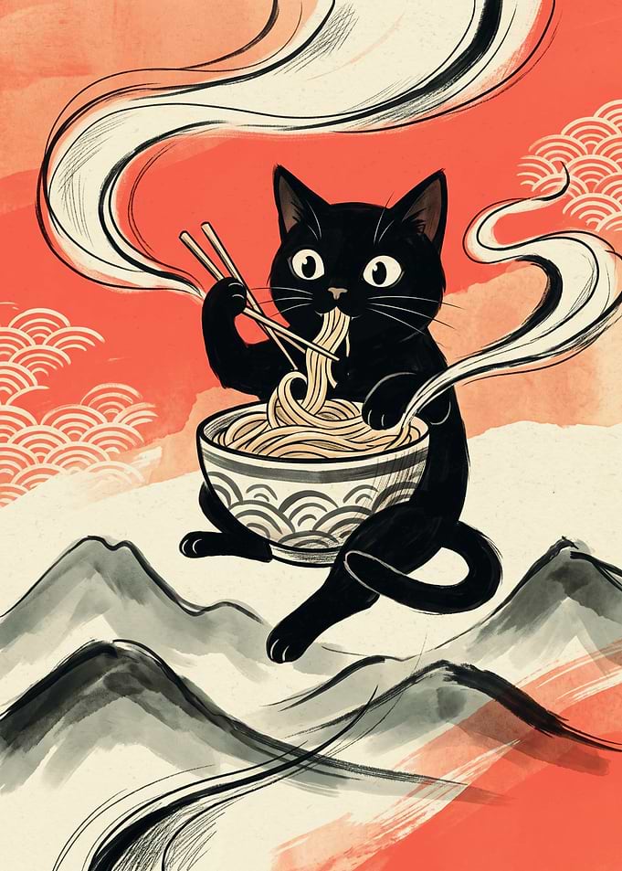 Black Cat Eating Ramen Noodles Japanese Ukiyo-e Style Art
