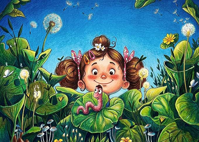 Girl and Worm in Garden
