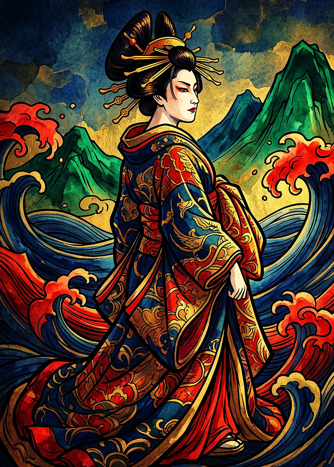 Elegant Geisha Amidst Turbulent Waves