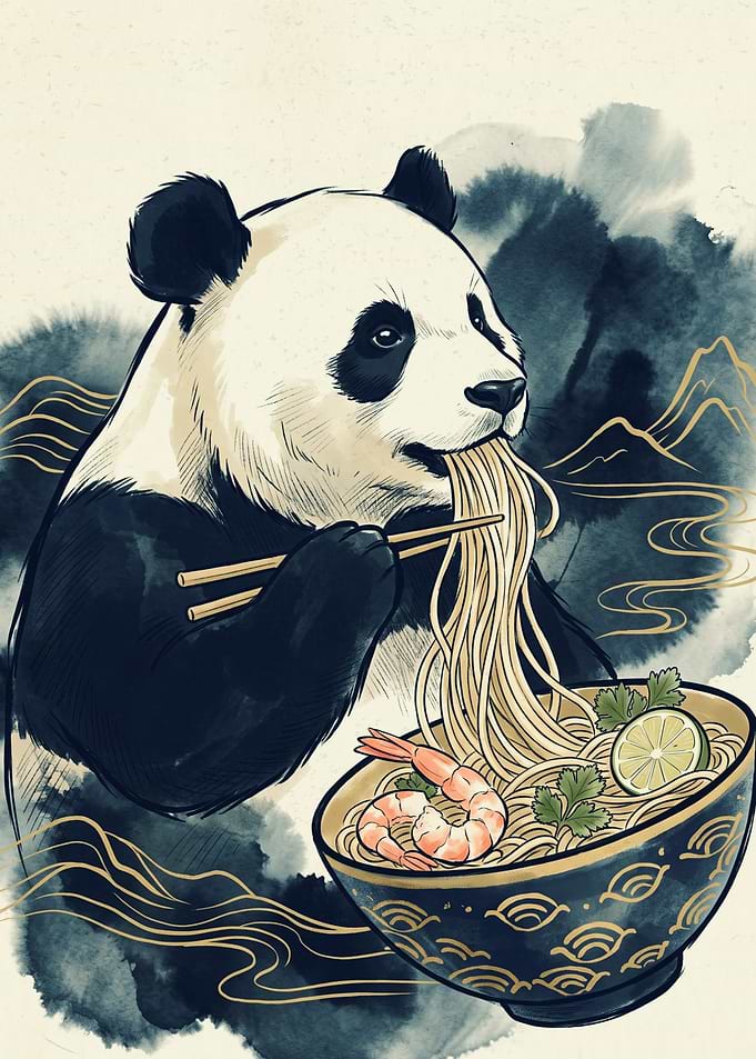 Panda Ramen Japanese Watercolor Art Eating Noodles Asian Food Cute Animal Poster