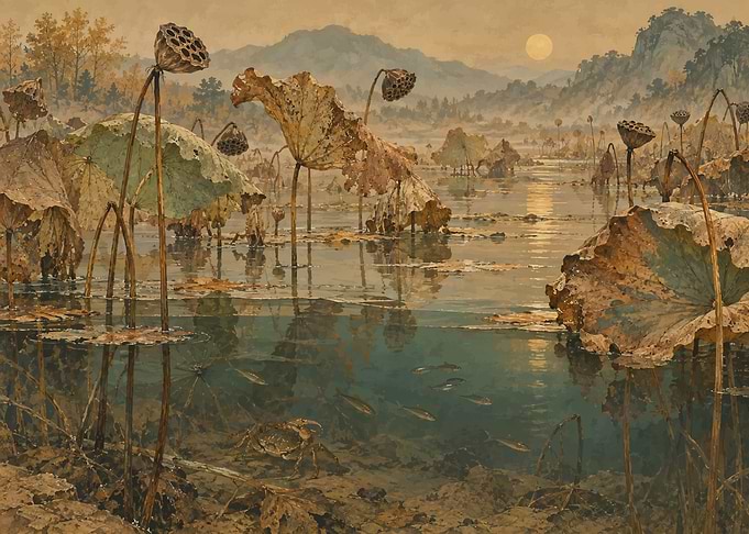Autumn Lotus Pond at Sunset