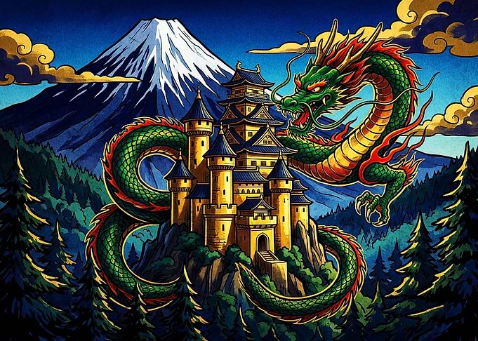 Dragon Guarding Japanese Mountain Castle