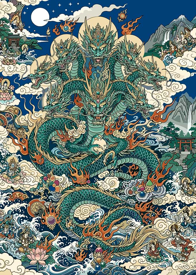 Majestic Multi-Headed Dragon Illustration