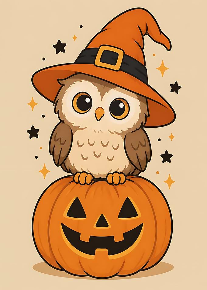 Cute Owl Witch on Halloween Pumpkin