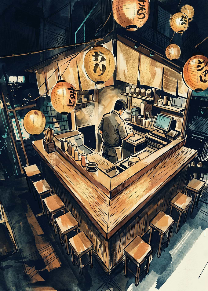 Japanese Ramen Shop Cityscape Ink Watercolor Art Lantern Night Alley Street Food Poster
