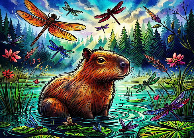 Capybara in a Magical Dragonfly Pond