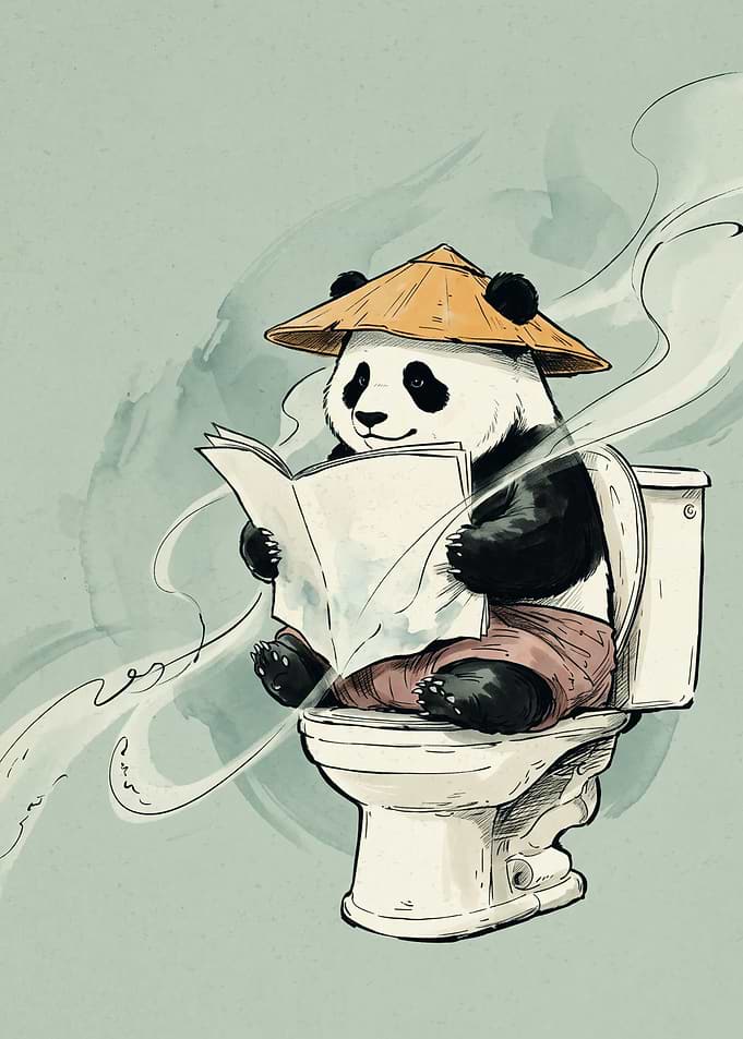 Funny Panda Reading Newspaper On Toilet Watercolor Art Cute Animal Bathroom Wall Decor