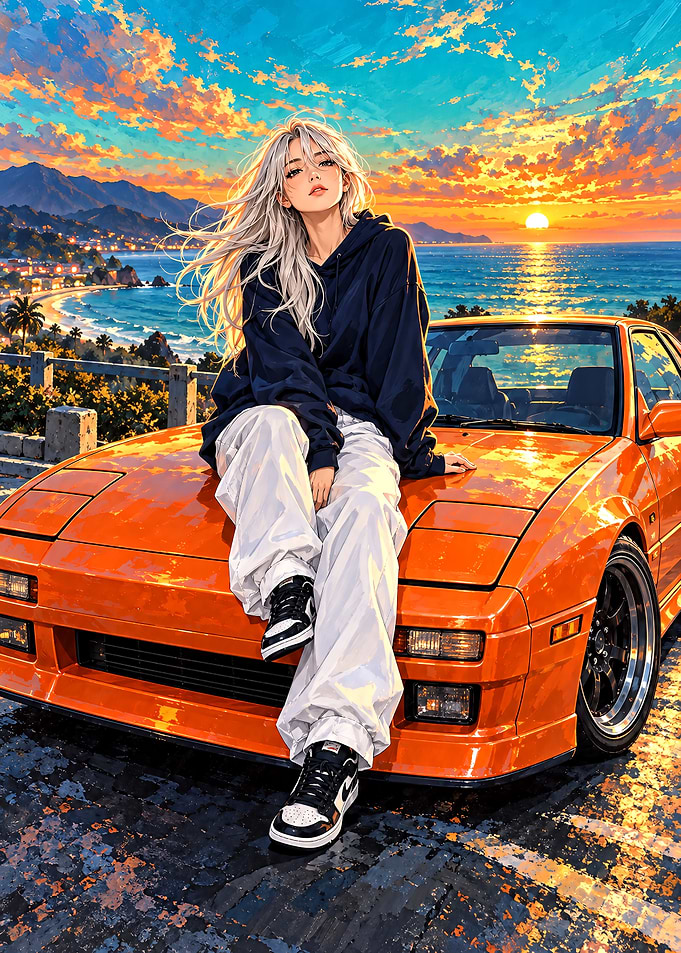 Anime Girl Sitting on Orange Car