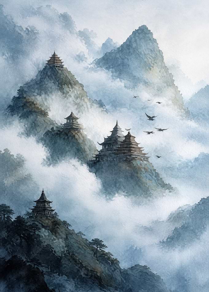 Misty Mountain Pagodas in Watercolor