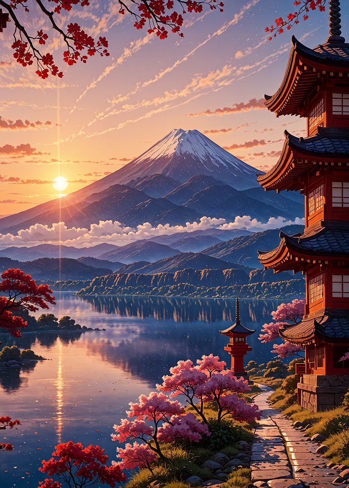 Mount Fuji Sunset with Pagoda Landscape Japan
