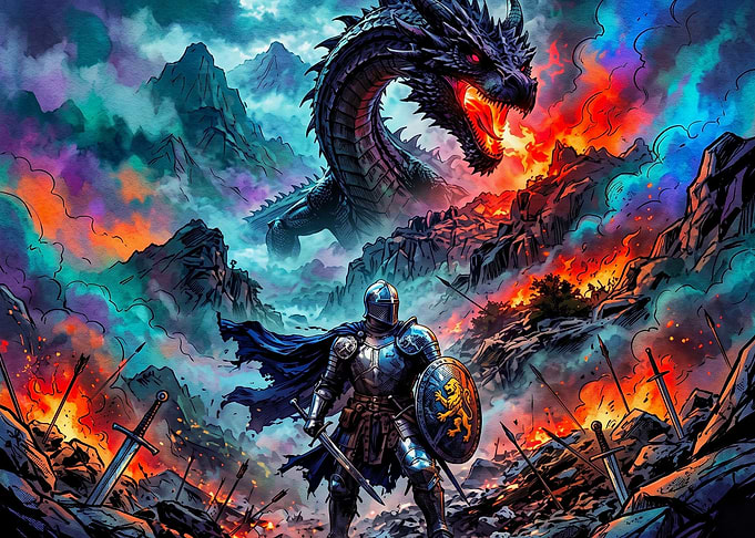 Knight Facing a Fire-Breathing Dragon