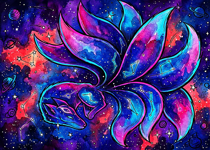 Cosmic Nine-Tailed Fox Nebula Art