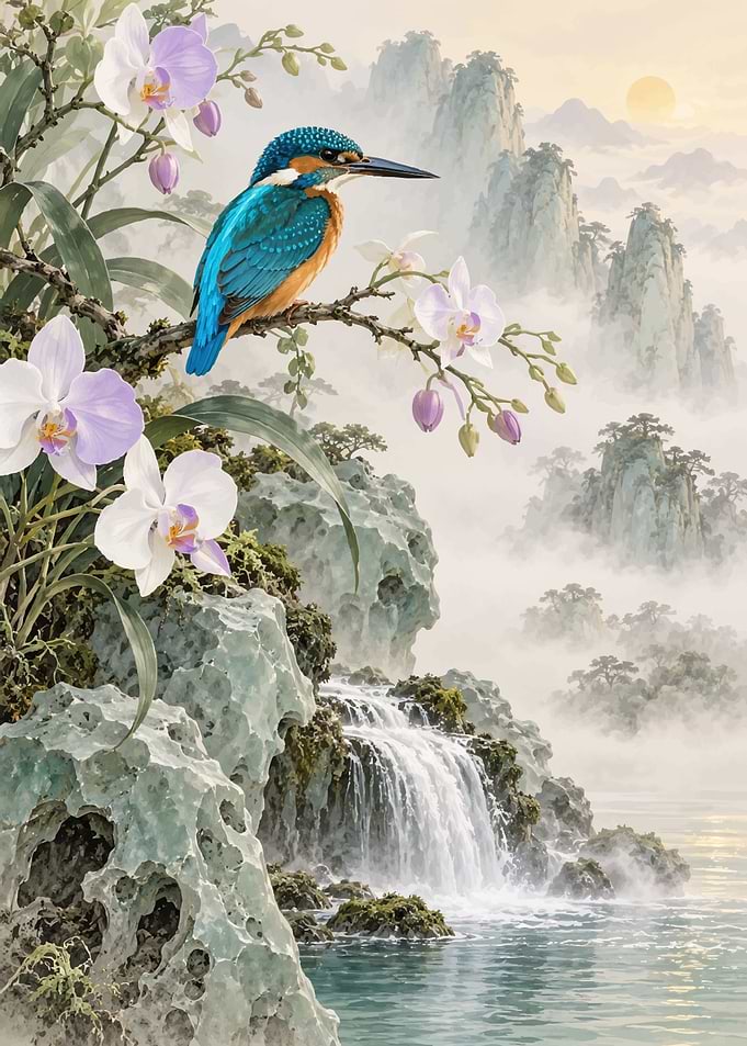 Kingfisher Perched Amidst Orchids and Waterfall