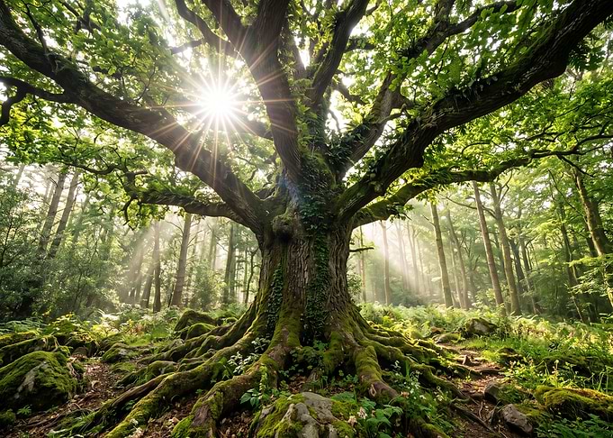 Ancient Mossy Oak in Sunlit Forest