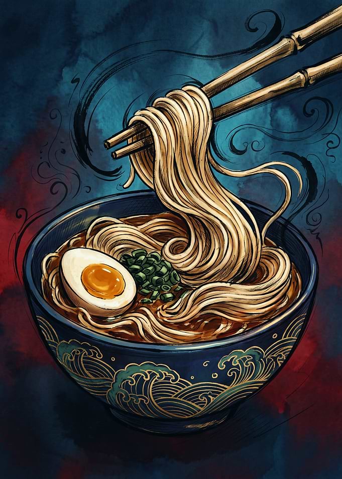 Ramen Noodle Bowl Japanese Ink Painting Art Chopsticks Egg Delicious Food Wall Art Print