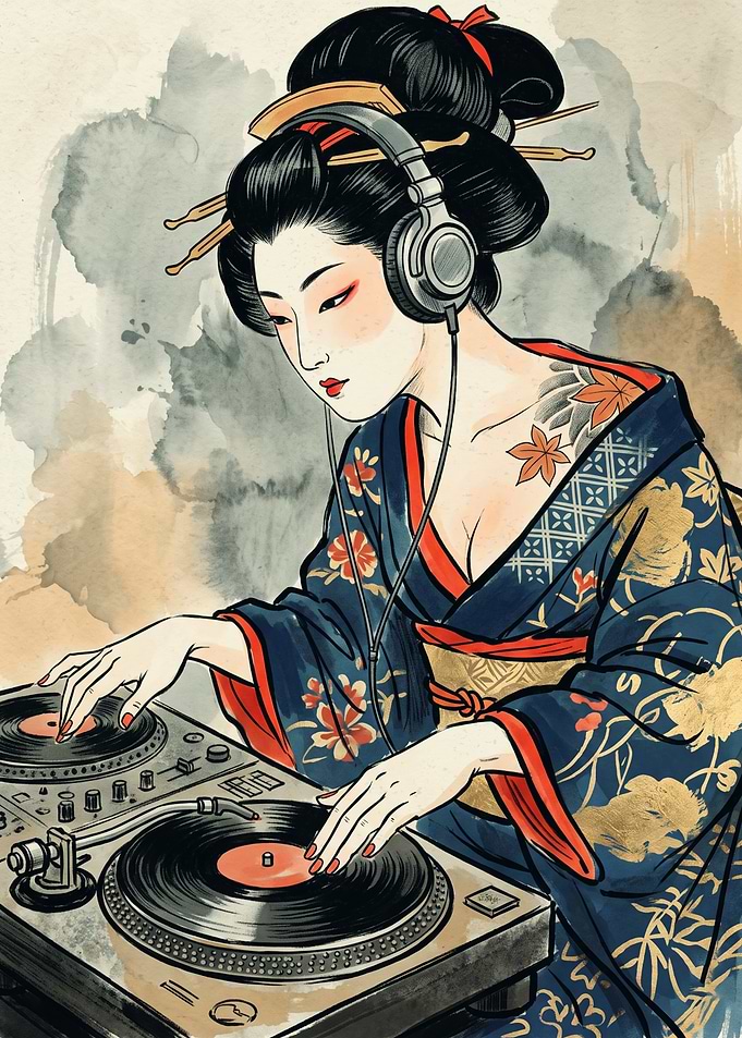 Geisha Dj Kimono Japanese Ukiyo E Art Turntable Music Headphone Vinyl Poster Print