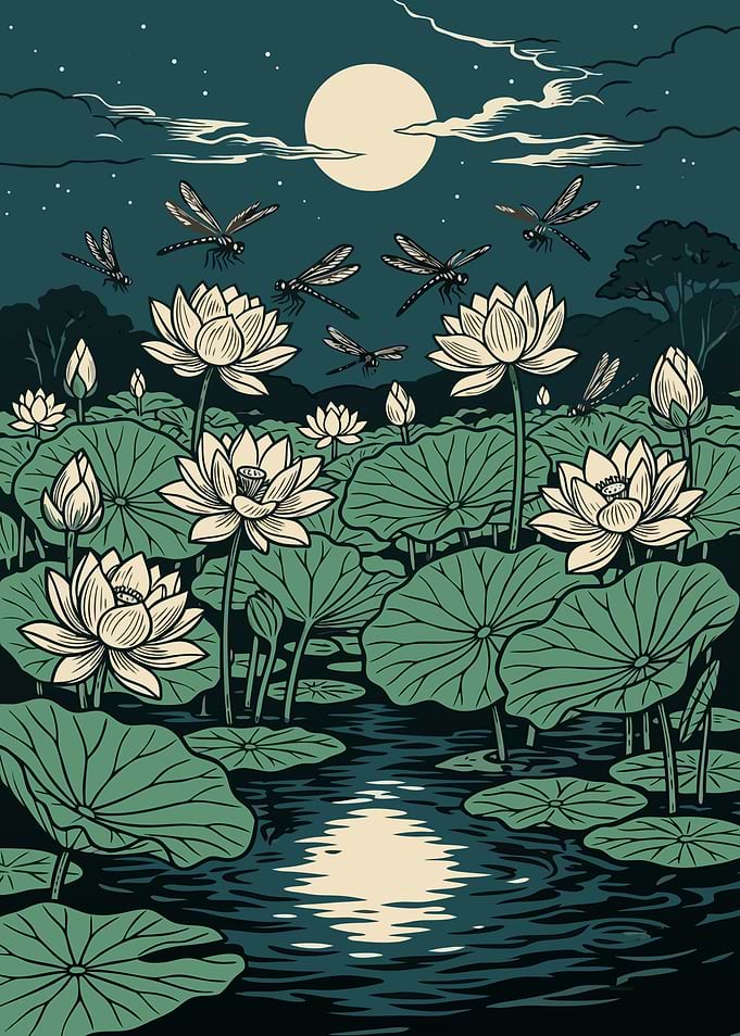Moonlit Lotus Pond with Dragonflies