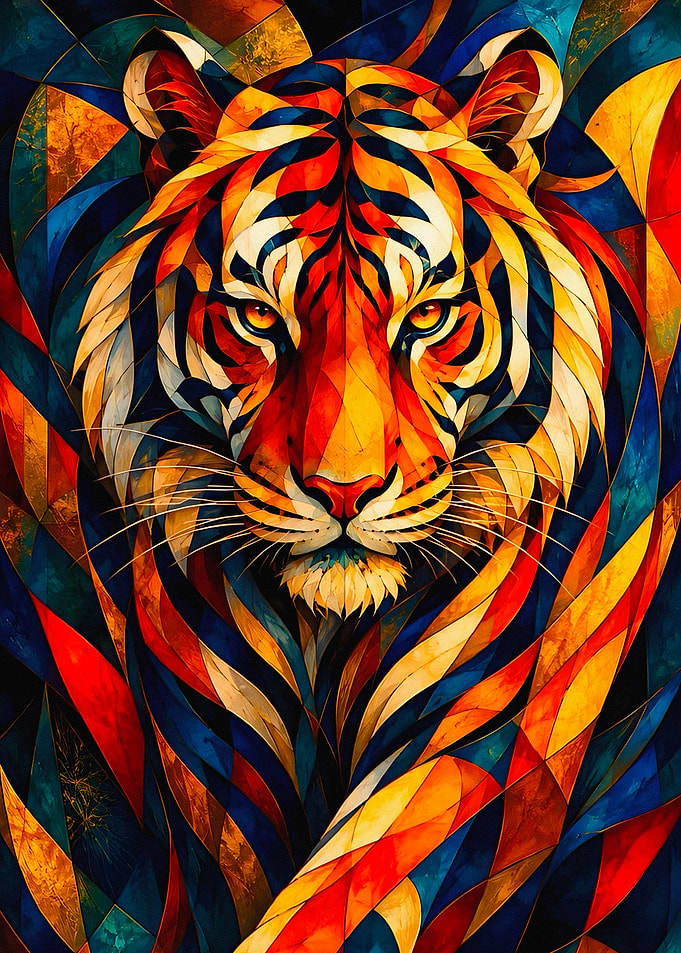 Stained Glass Geometric Tiger Portrait