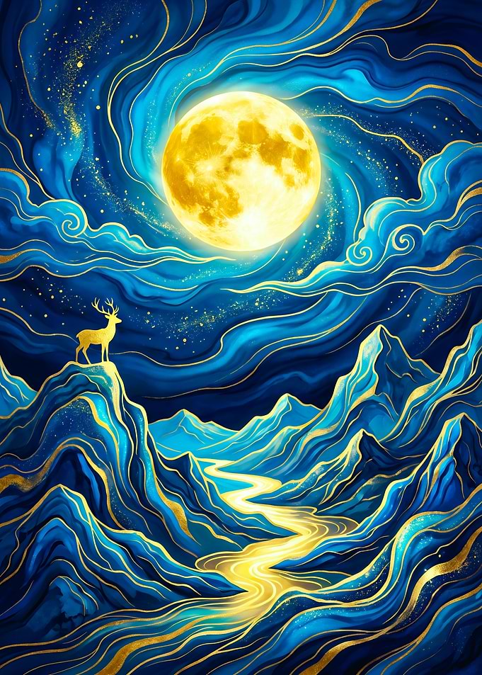 Golden Deer Under Full Moon