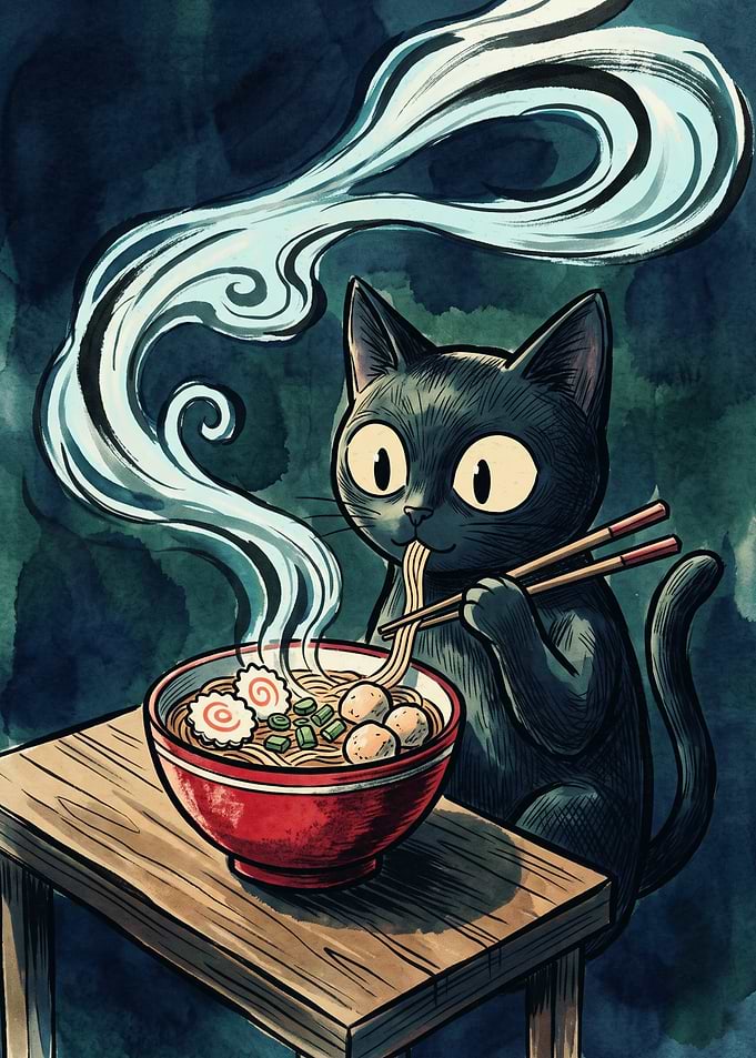 Black Cat Eating Ramen Noodles Food Niche Watercolor Illustration