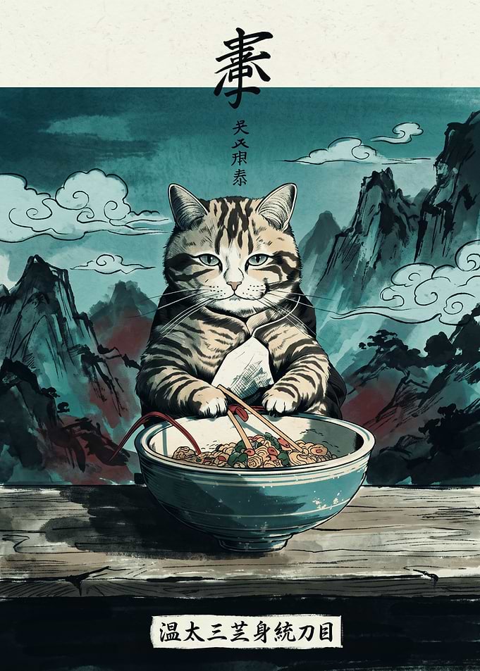 Cat Eating Ramen Ukiyo E Art Japanese Mountain Landscape Calligraphy Wall Poster Print