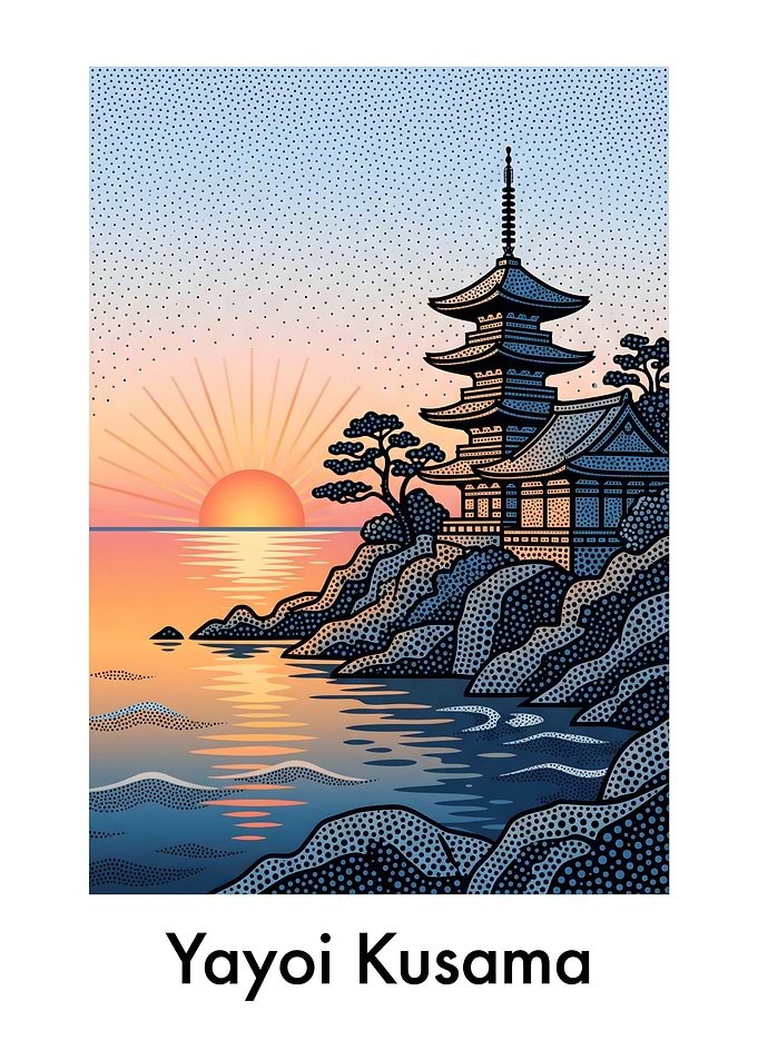 Yayoi Kusama Style Japanese Pagoda Sunset