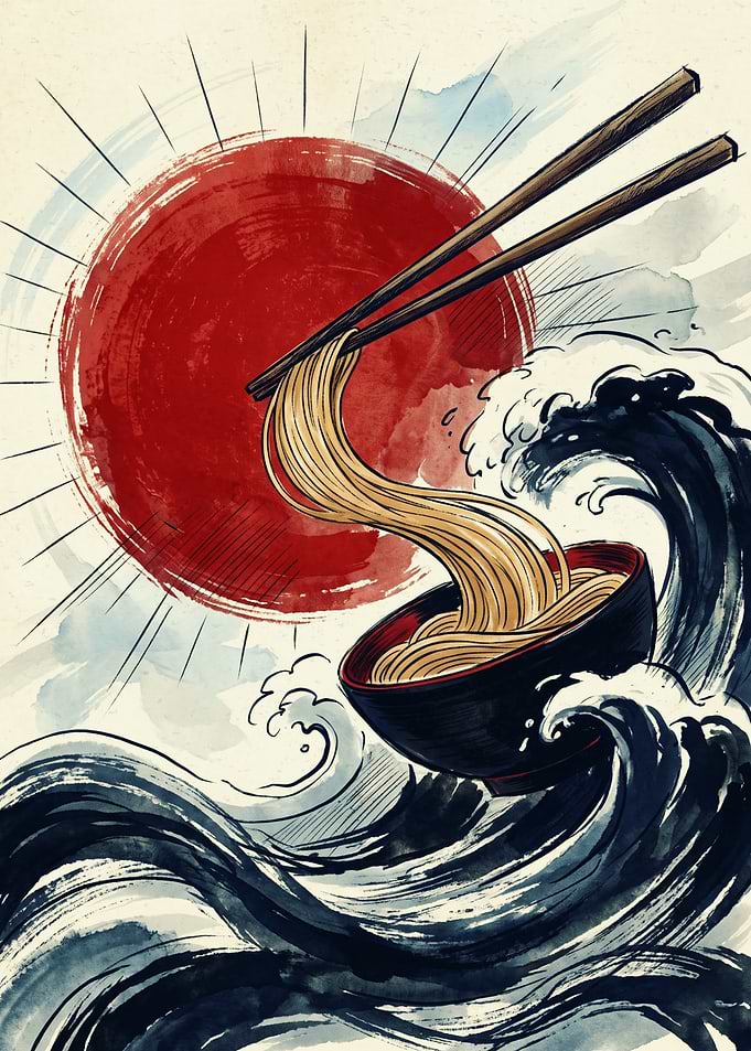 Ramen Noodles Japanese Art Print Ukiyo E Red Sun Great Wave Chopsticks Food Wall Decor
