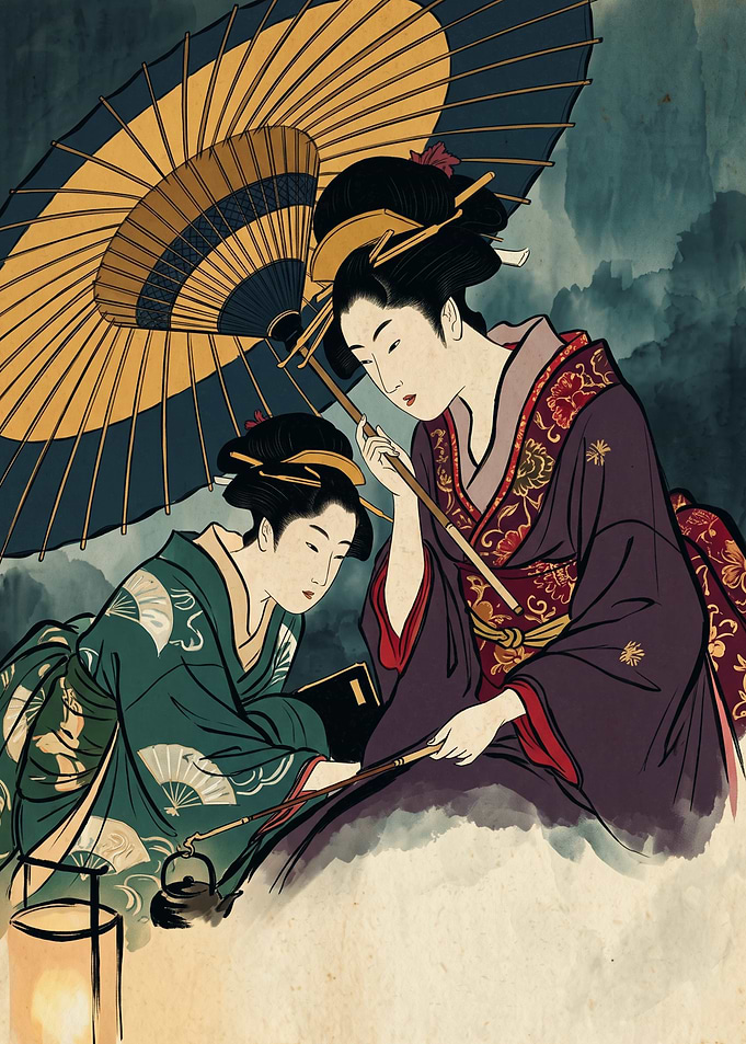 Geisha Women With Umbrella Japanese Art Ukiyo-e Woodblock Style