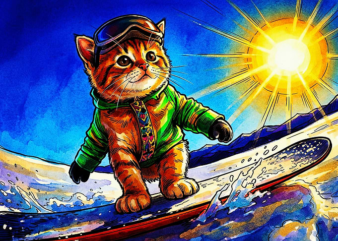 Cute Kitten Surfing on Ocean Wave