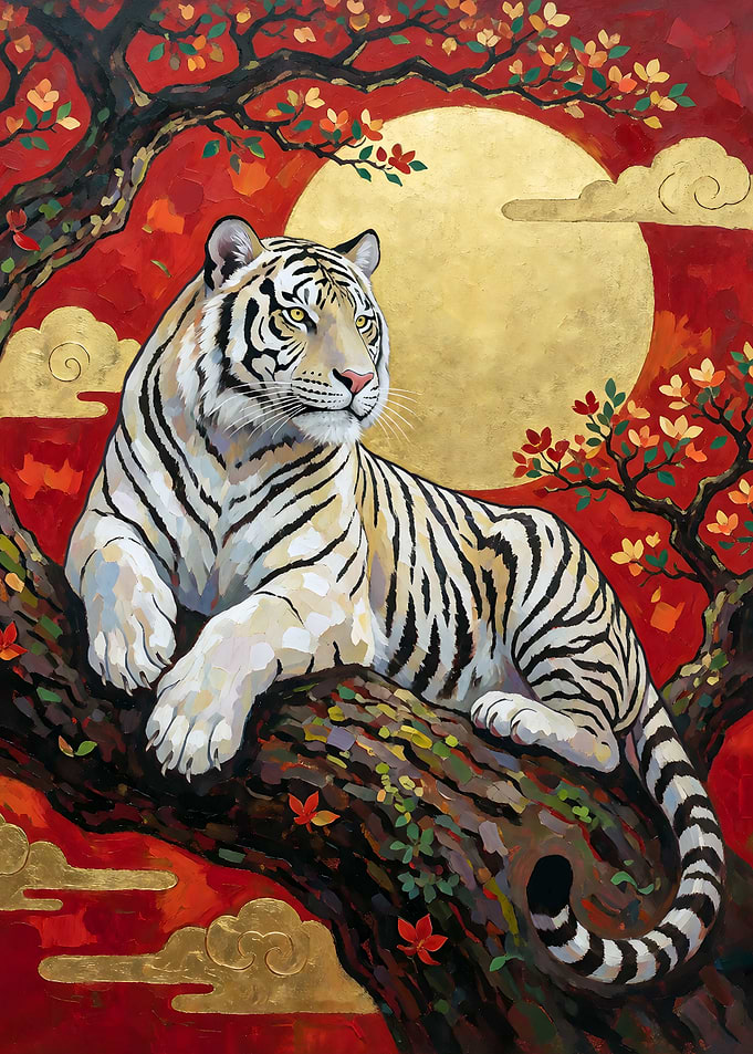 White Tiger on Tree Branch at Sunset