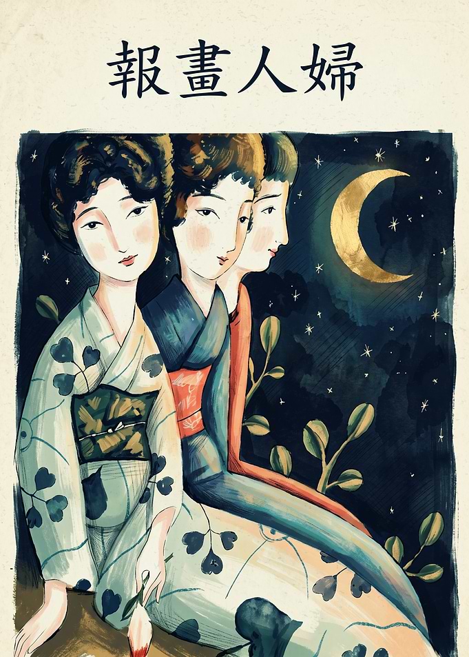 Japanese Women Under Moonlight Vintage Art Print Asian Culture Illustration