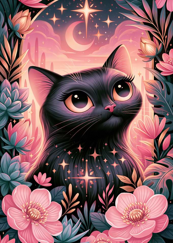 Whimsical Black Cat in Floral Garden