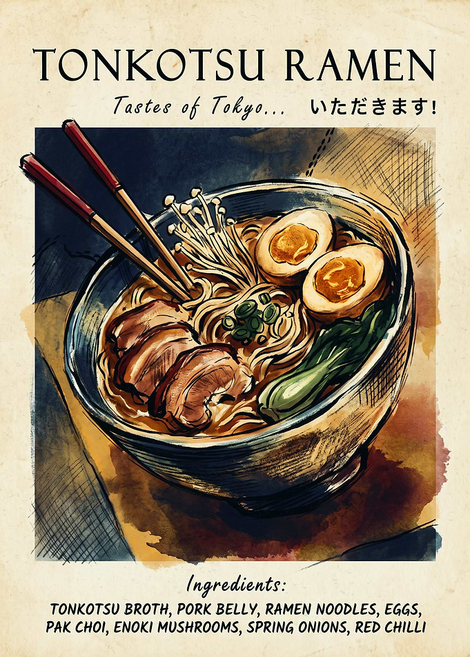 Tonkotsu Ramen Japanese Food Watercolor Art Poster Kitchen Wall Decor Recipe Print