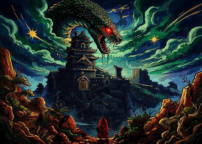 Warrior Facing Giant Serpent at Castle