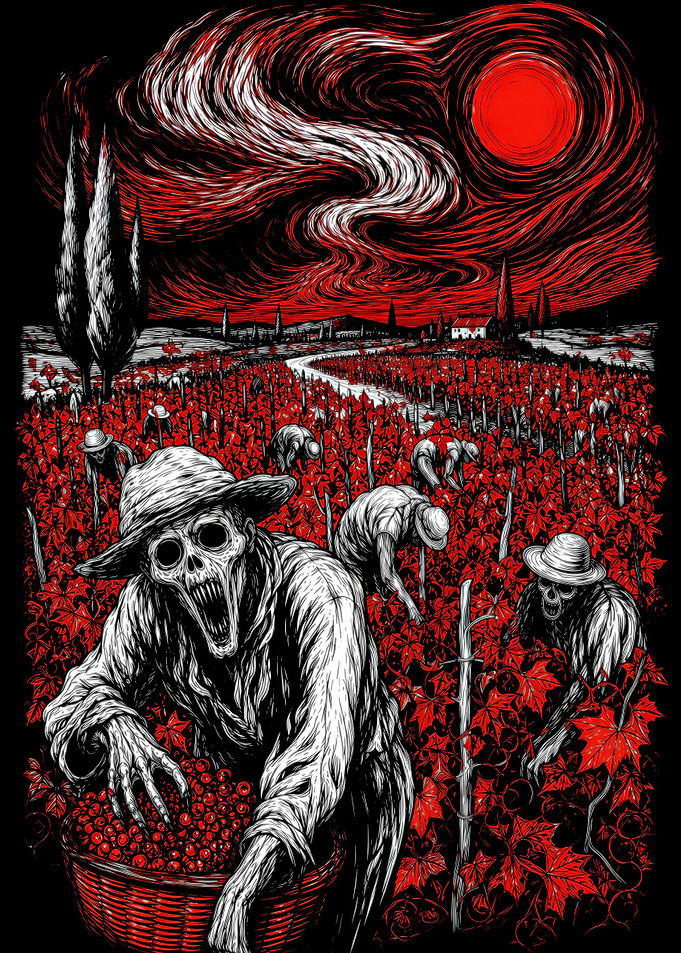 Skeletal Harvesters in Red Vineyard