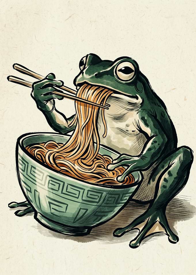 Frog Ramen Japanese Ukiyo E Art Print Cute Animal Eating Noodles Poster Kitchen Decor