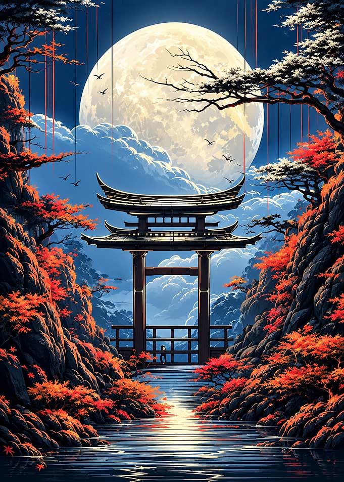 Japanese Torii Gate Under Full Moon