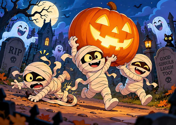 Cute Mummies Carrying Halloween Pumpkin