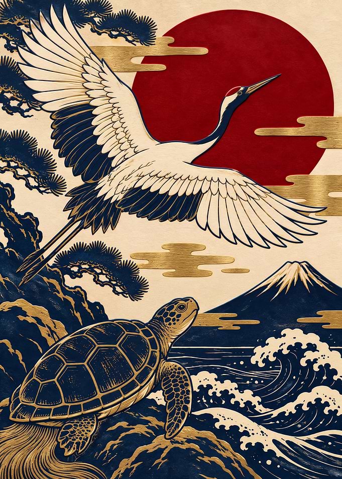 Crane and Turtle at Mount Fuji