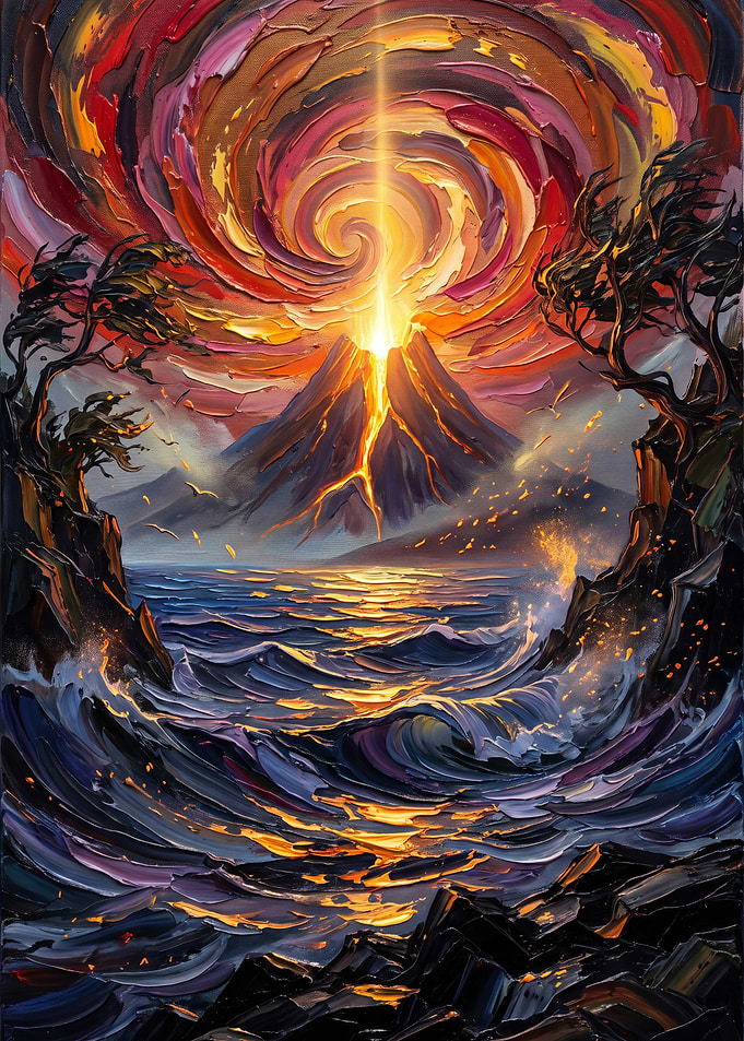 Volcanic Eruption Over Turbulent Ocean