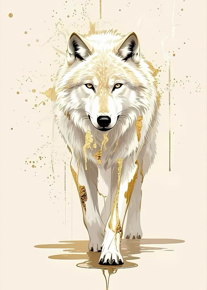 Elegant White Wolf with Gold Splatter