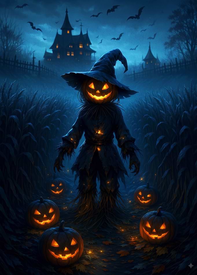 Spooky Halloween Scarecrow in Cornfield