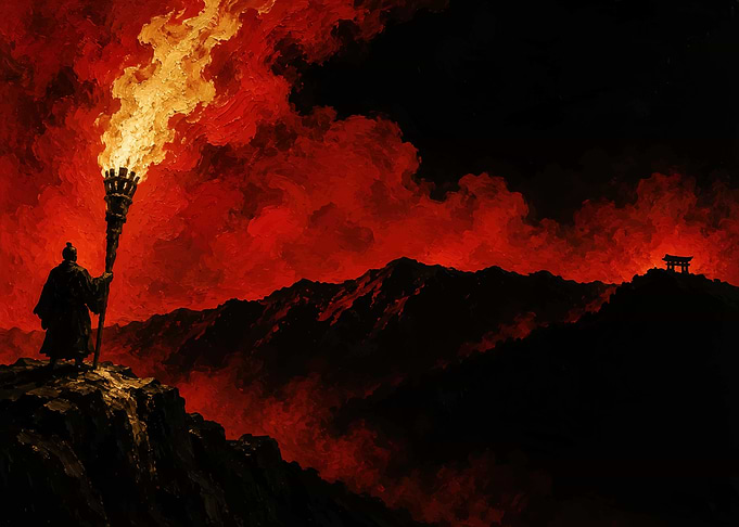 Samurai with Torch in Red Mist
