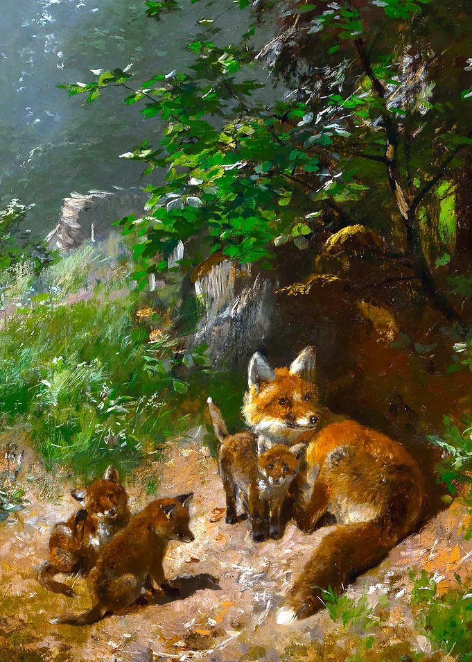 Female Fox with Cubs Painting by Josef Schmitzberger