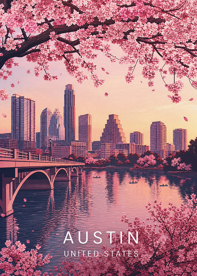 Austin Skyline with Cherry Blossoms