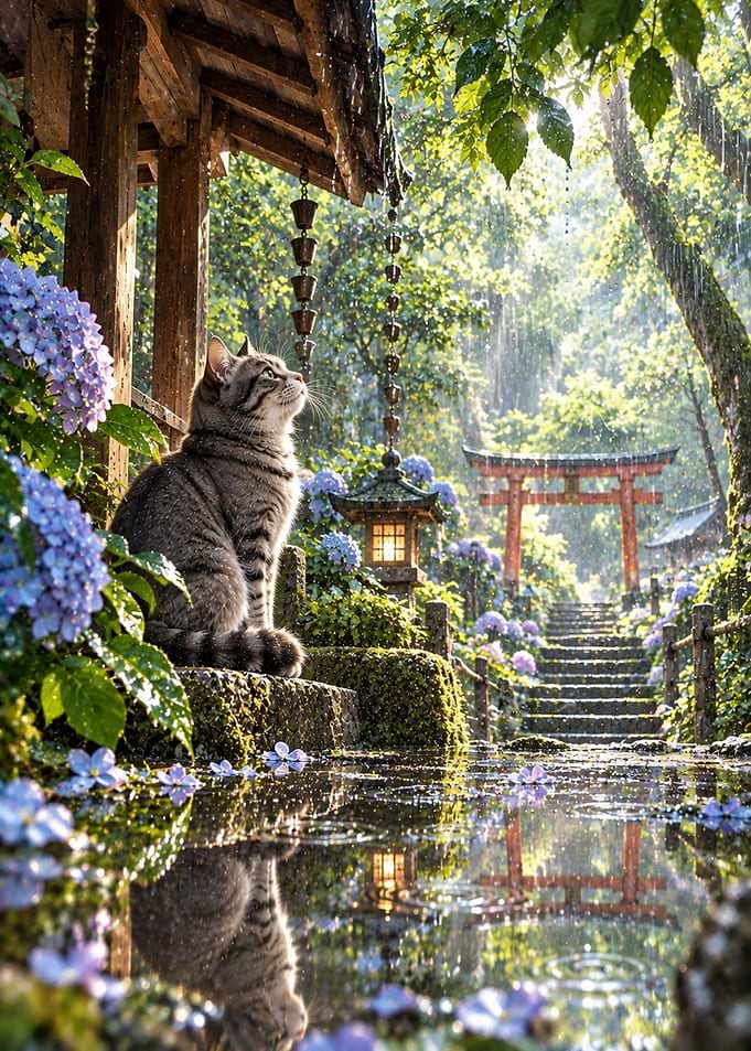 Tabby Cat in Rainy Japanese Garden