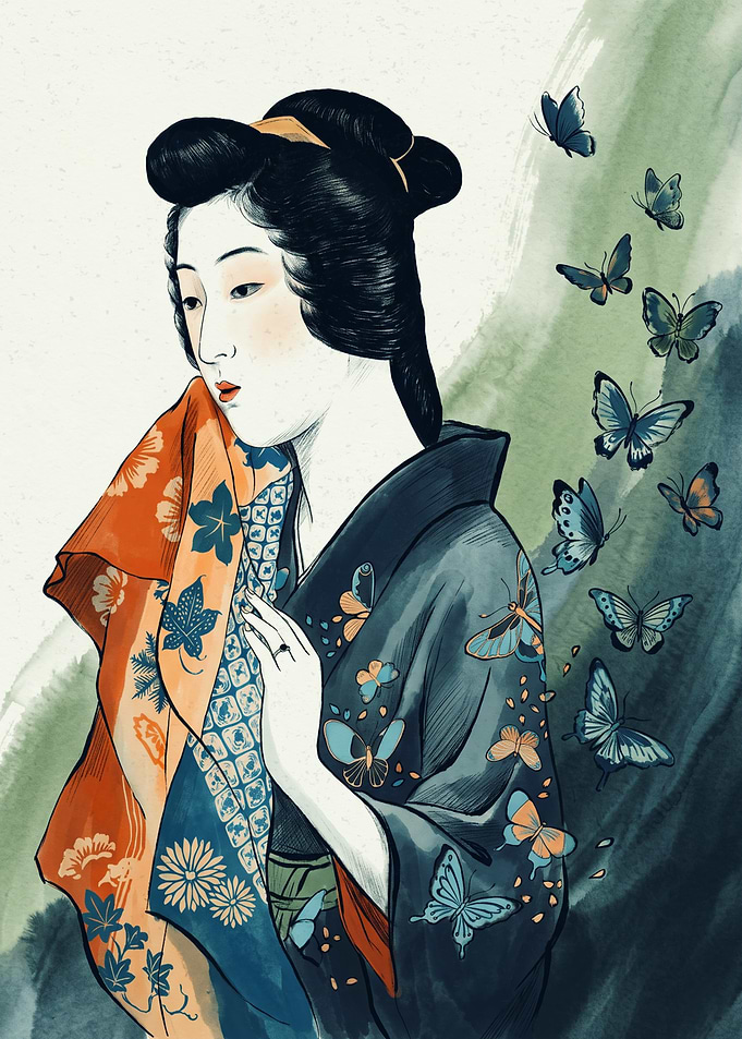 Geisha Kimono Japanese Watercolor Art Blue Butterflies Floral Aesthetic Wall Print