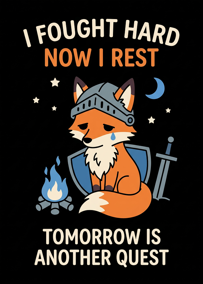 Tired Knight Fox Resting by Campfire