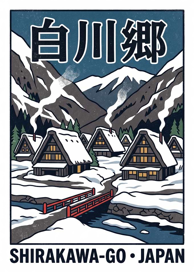 Shirakawa-go Japan Winter Travel Poster