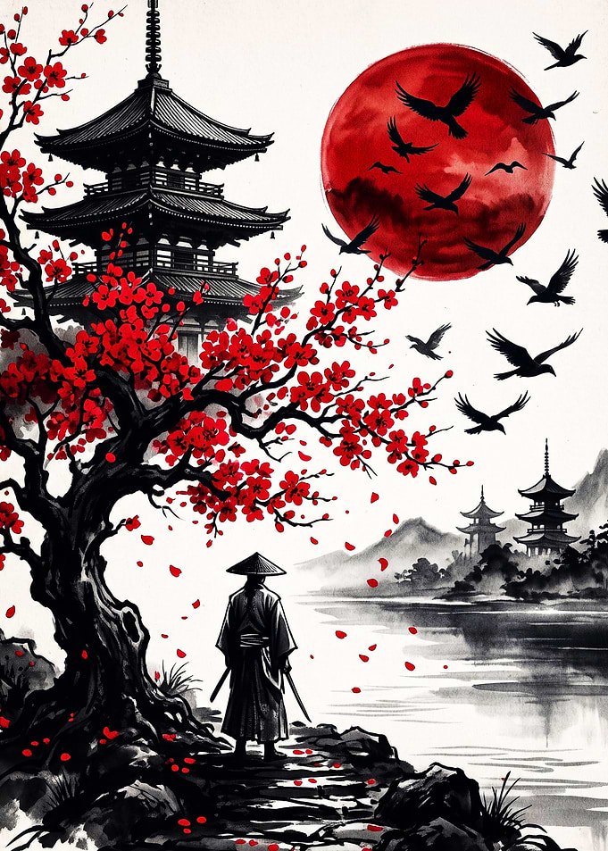 Samurai Under Red Moon and Pagoda